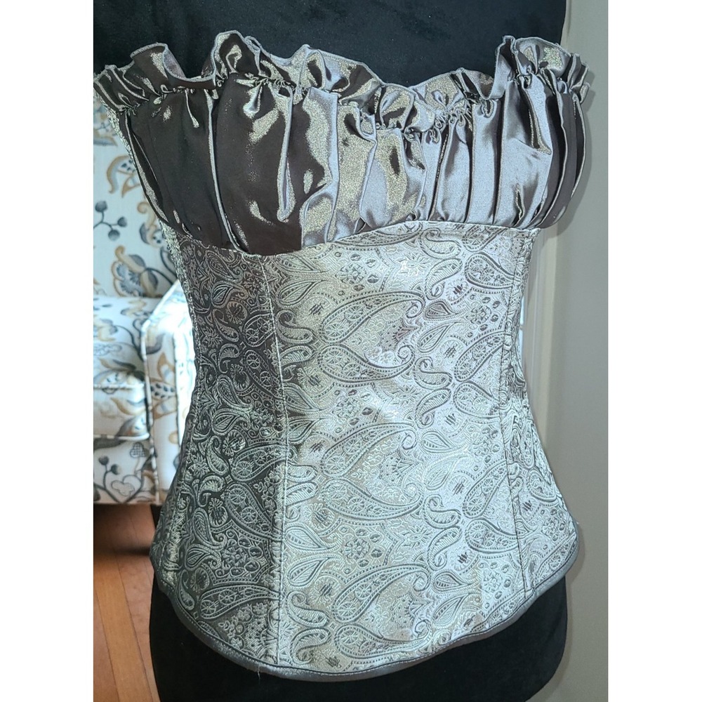 Victorian Style Ruffled Bust Grey Overbust Corset Vintage Inspired Size Med